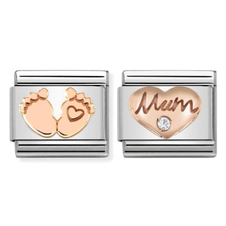 Bransoletka dla Mamy Composable NOMINATION Stópki + Serce "Mum" z cyrkonią Różowe złoto 167