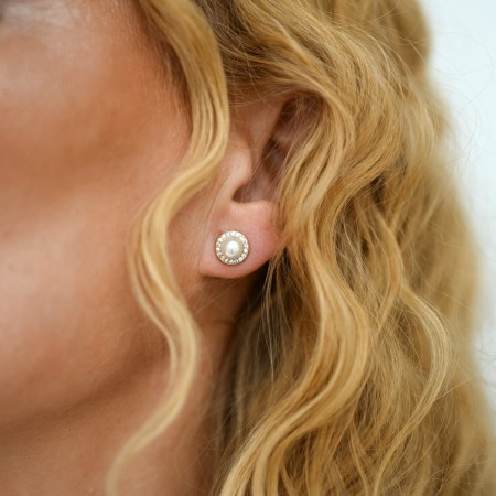 Kolczyki srebro 925 okrągłe perły białe z cyrkoniami złote