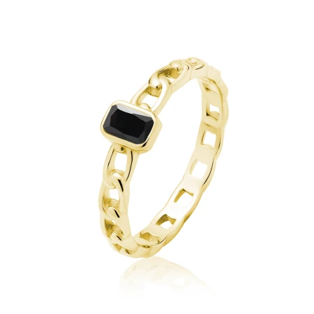 Pierścionek srebro 925 łańcuch z czarną cyrkonią złoty